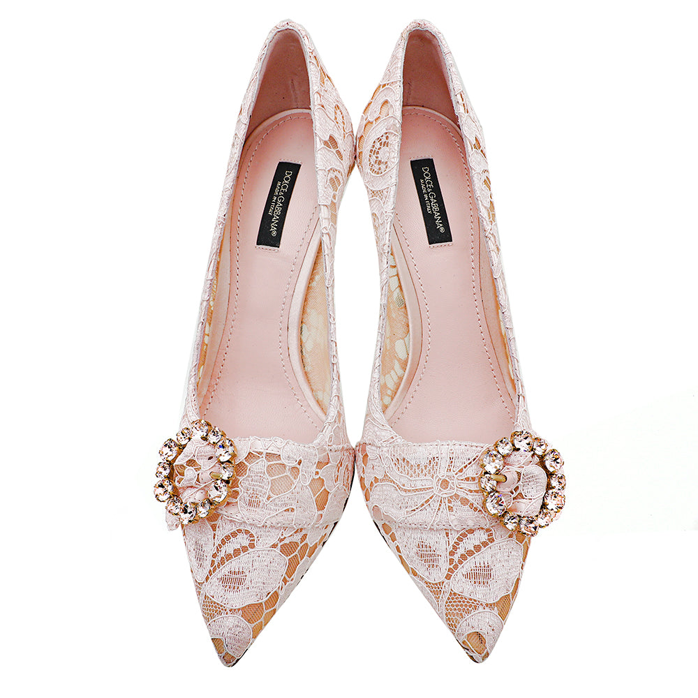 Dolce & Gabbana Light Pink Lace Crystal Buckle Pumps 39