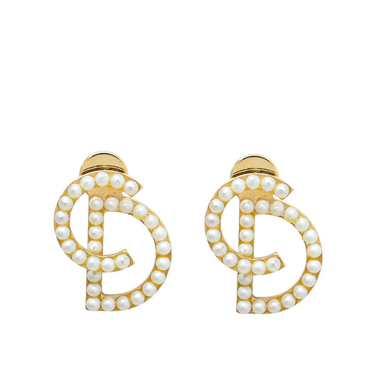 Christian Dior White CD Faux Pearl Studded Earrings
