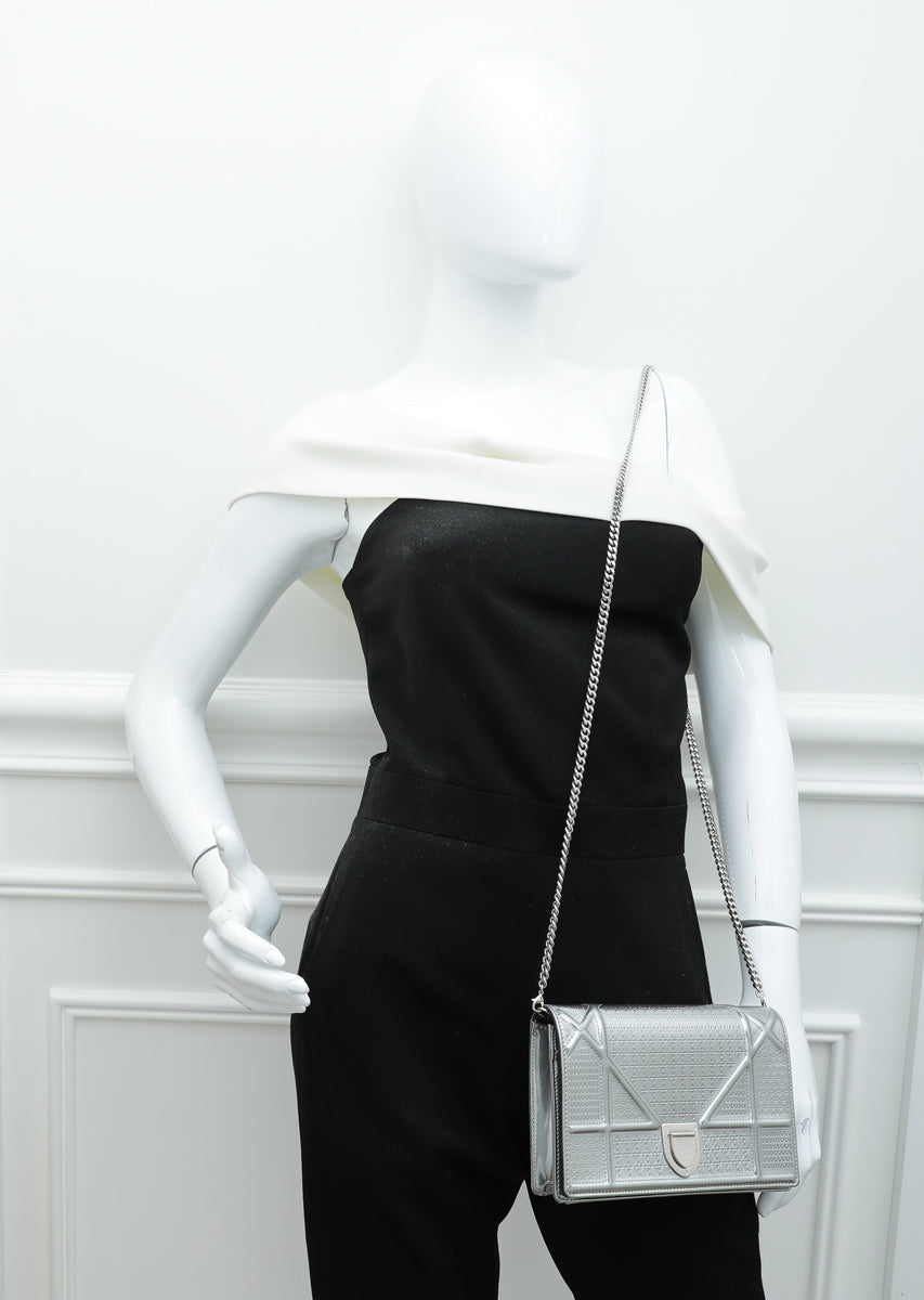 Christian Dior Silver Diorama Micro Cannage Wallet On Chain-Christian Dior-THE CLOSET