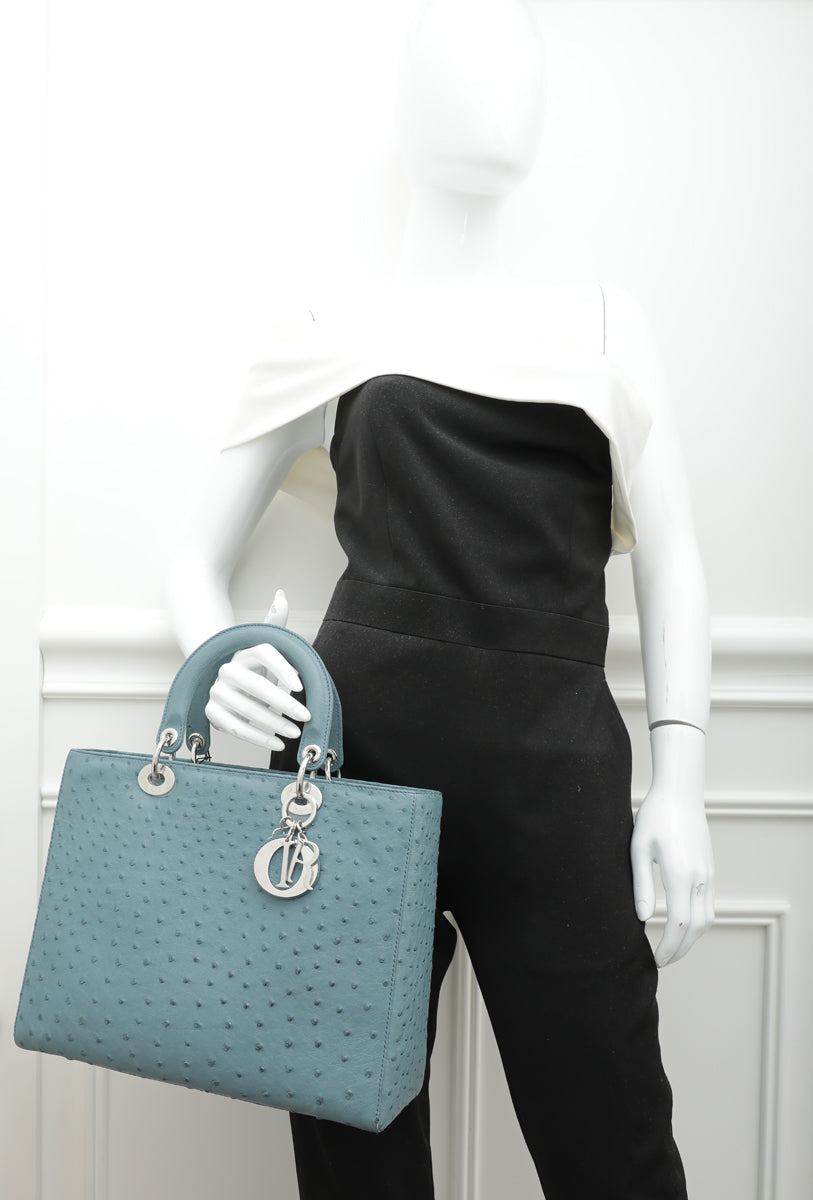 Christian Dior Blue Ostrich Lady Dior Large Bag