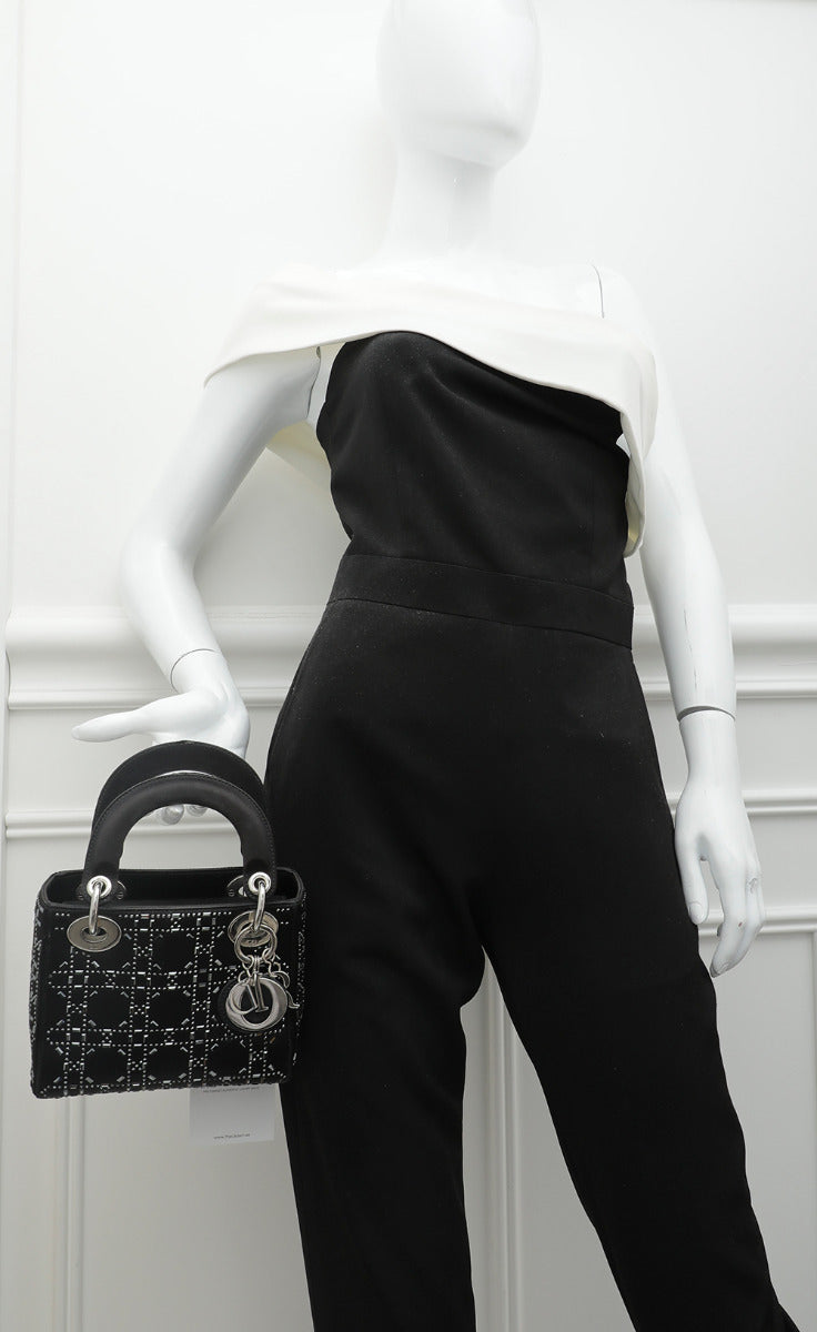 Christian Dior Black Satin Lady Dior Strass Cannage Bag