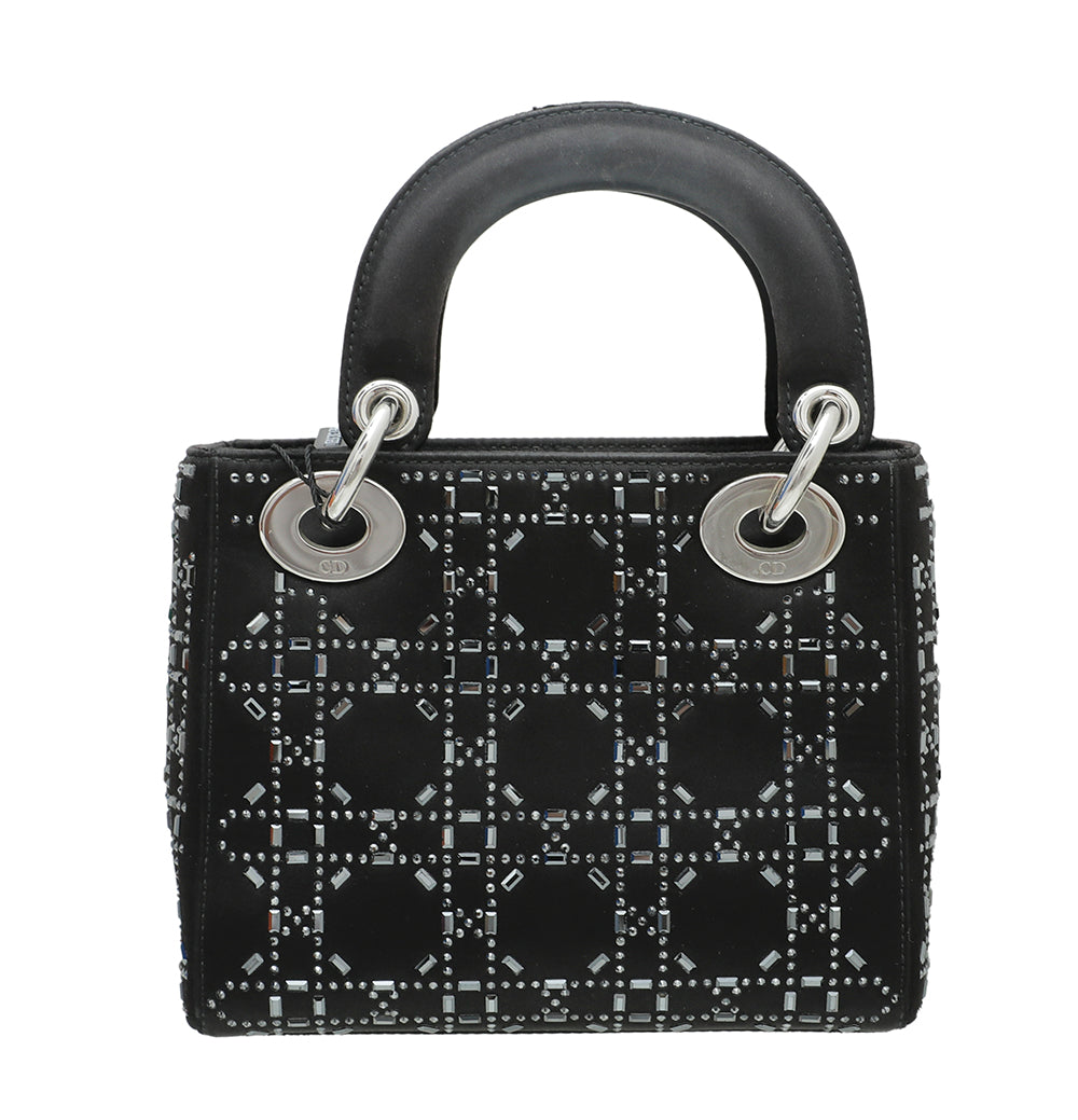 Christian Dior Black Satin Lady Dior Strass Cannage Bag