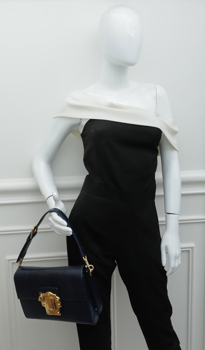Dolce & Gabbana Navy Blue Lizard Effect Lucia Flap Bag-Dolce & Gabbana-THE CLOSET