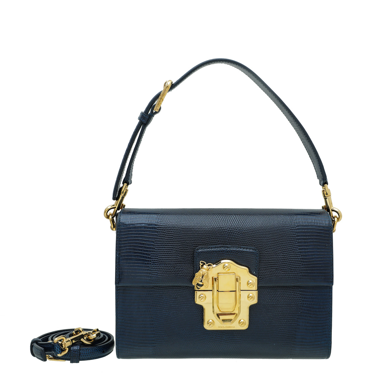 Dolce & Gabbana Navy Blue Lizard Effect Lucia Flap Bag-Dolce & Gabbana-THE CLOSET