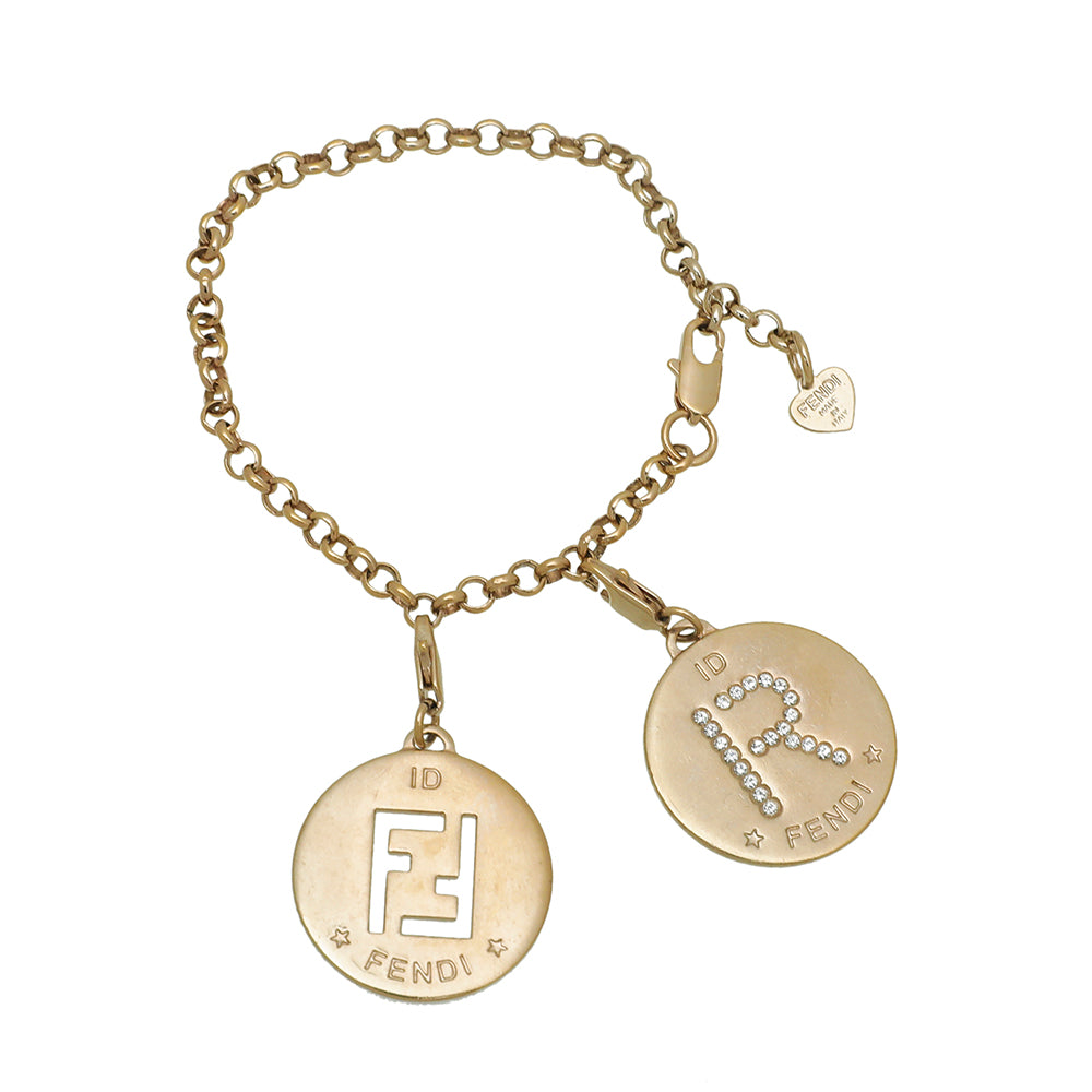 Fendi Gold Finish FF "R" with Crystal Identification Bracelet