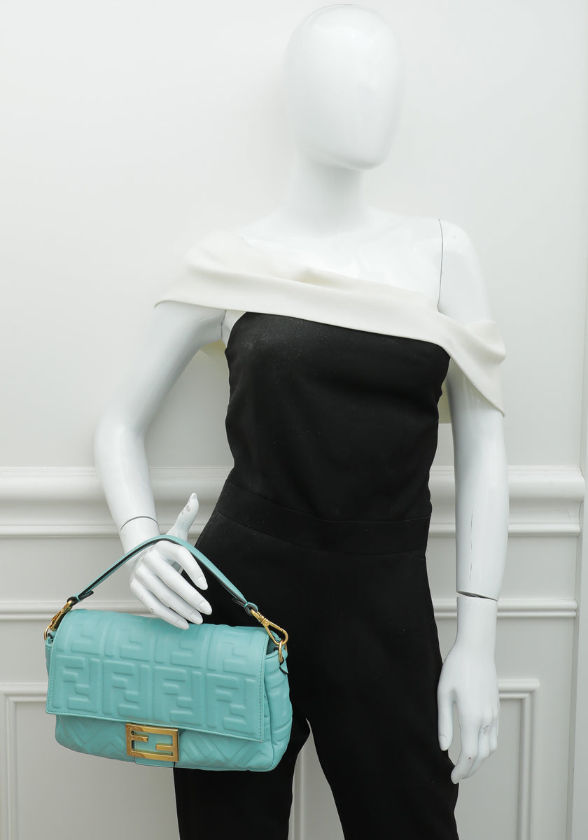 Fendi Tiffany Blue FF Embossed Baguette Medium Bag-Fendi-THE CLOSET