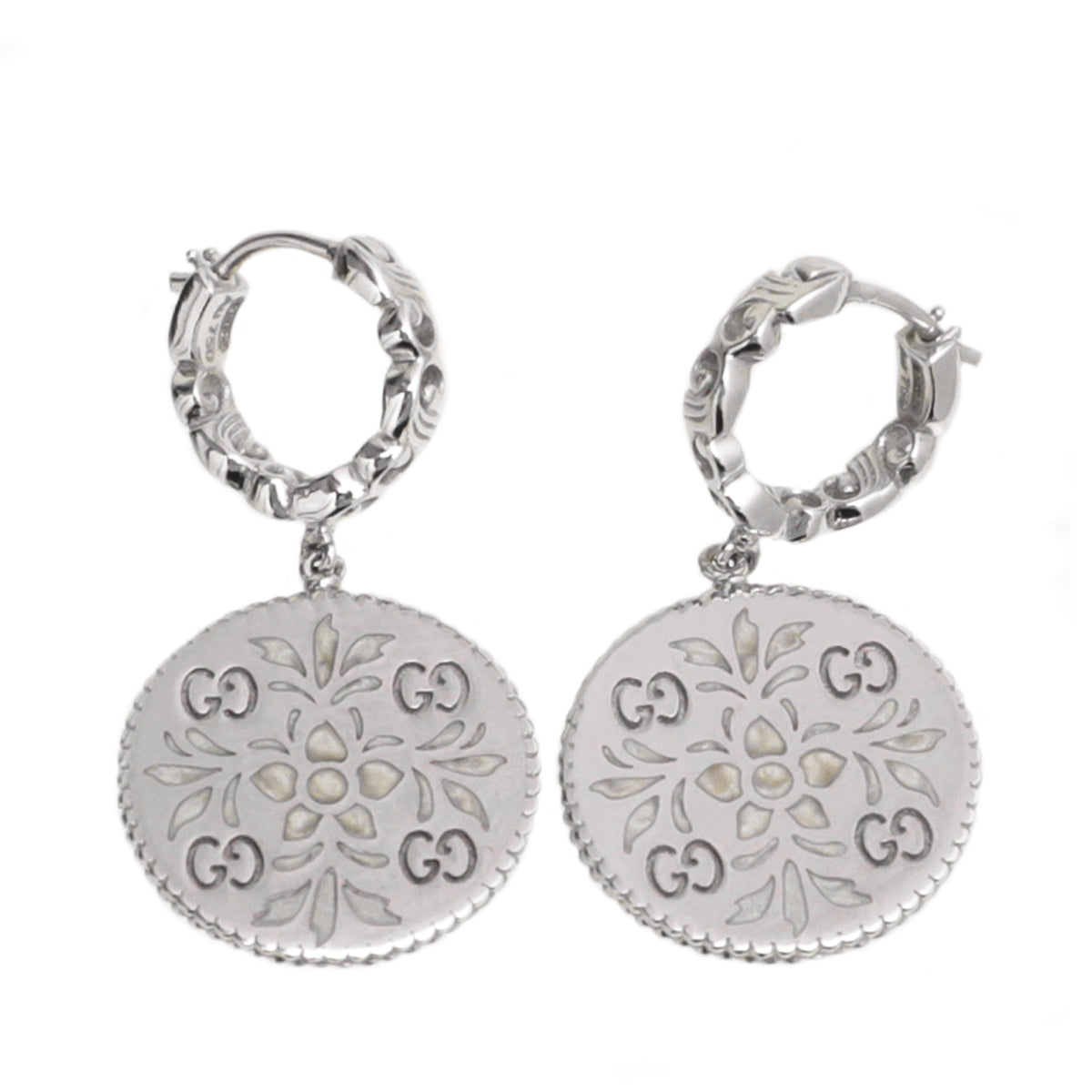 Gucci 18K White Gold GG Floral Hoop Drop Earrings-Gucci-THE CLOSET