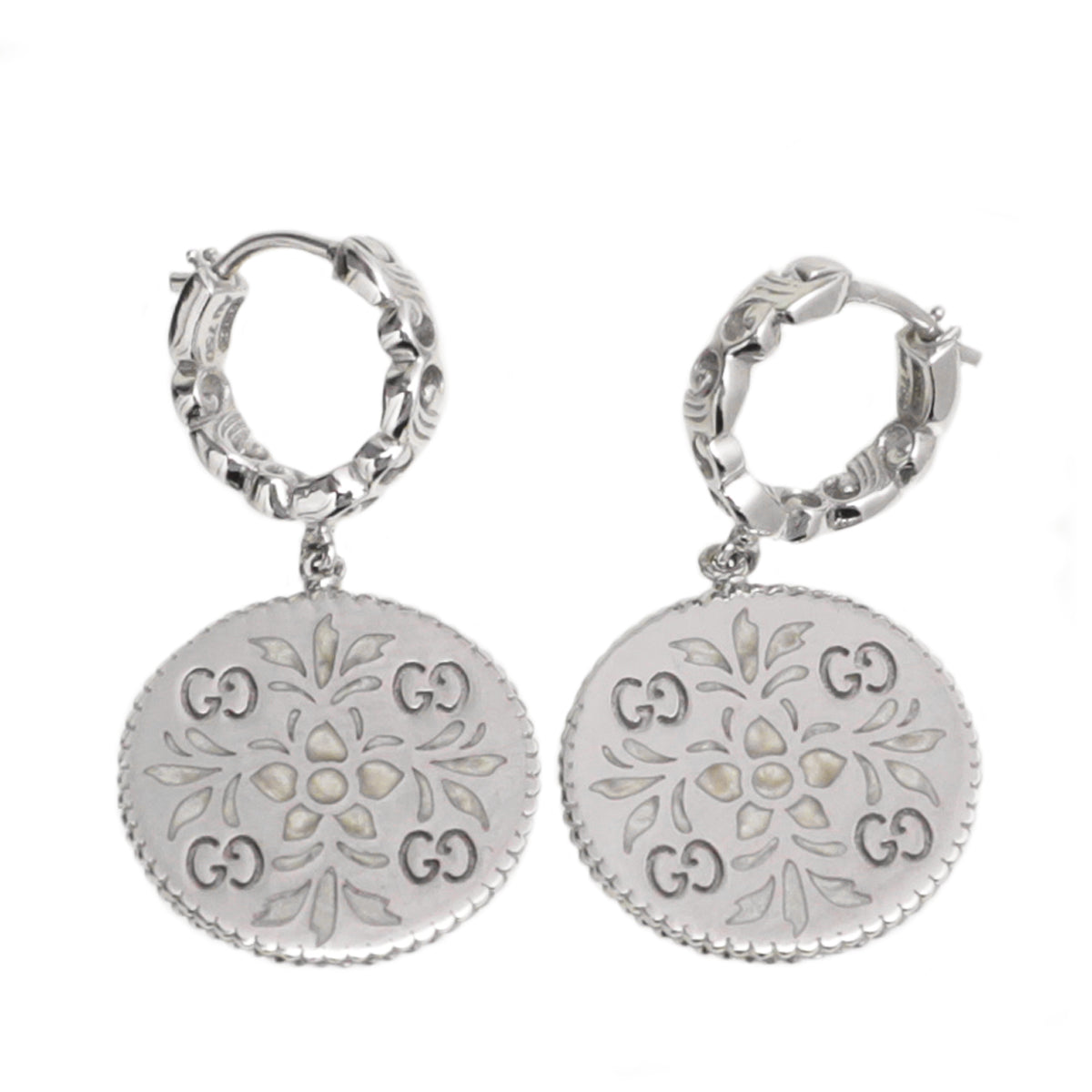 Gucci 18K White Gold GG Floral Hoop Drop Earrings