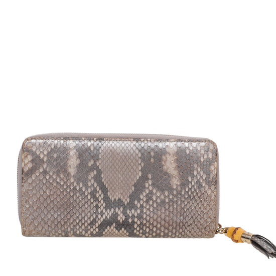 Gucci Metallic Gray Python Bamboo Tassel Zippy Wallet
