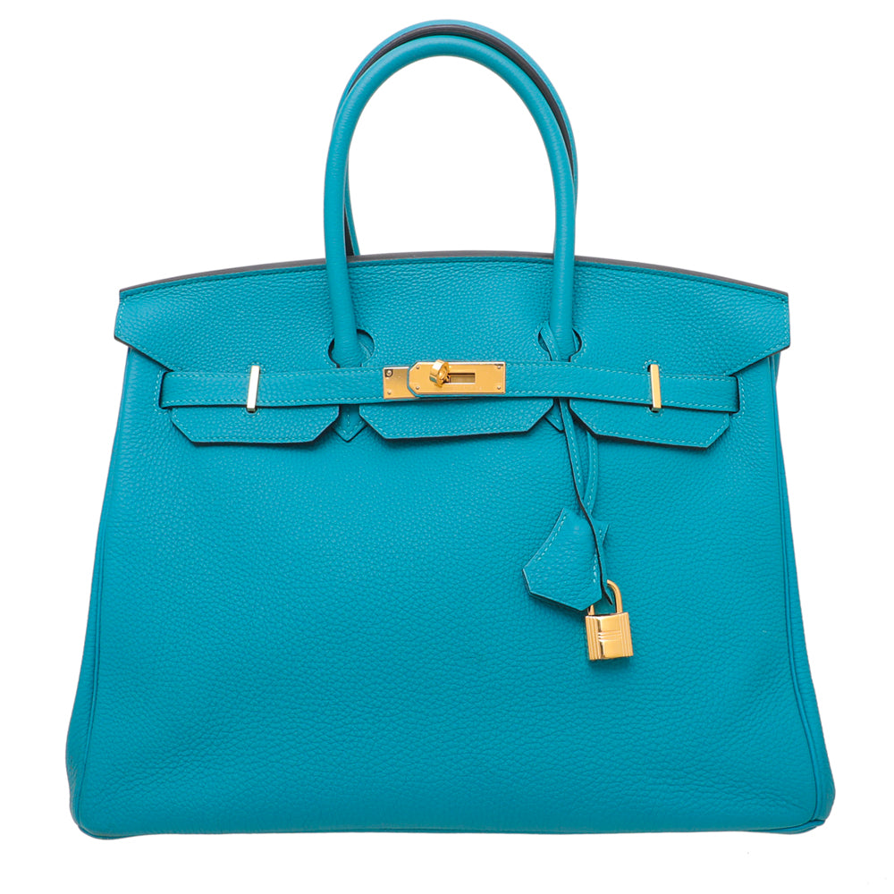 Hermes Turquoise Togo Birkin 35 Bag W- Scarf-Hermes-THE CLOSET