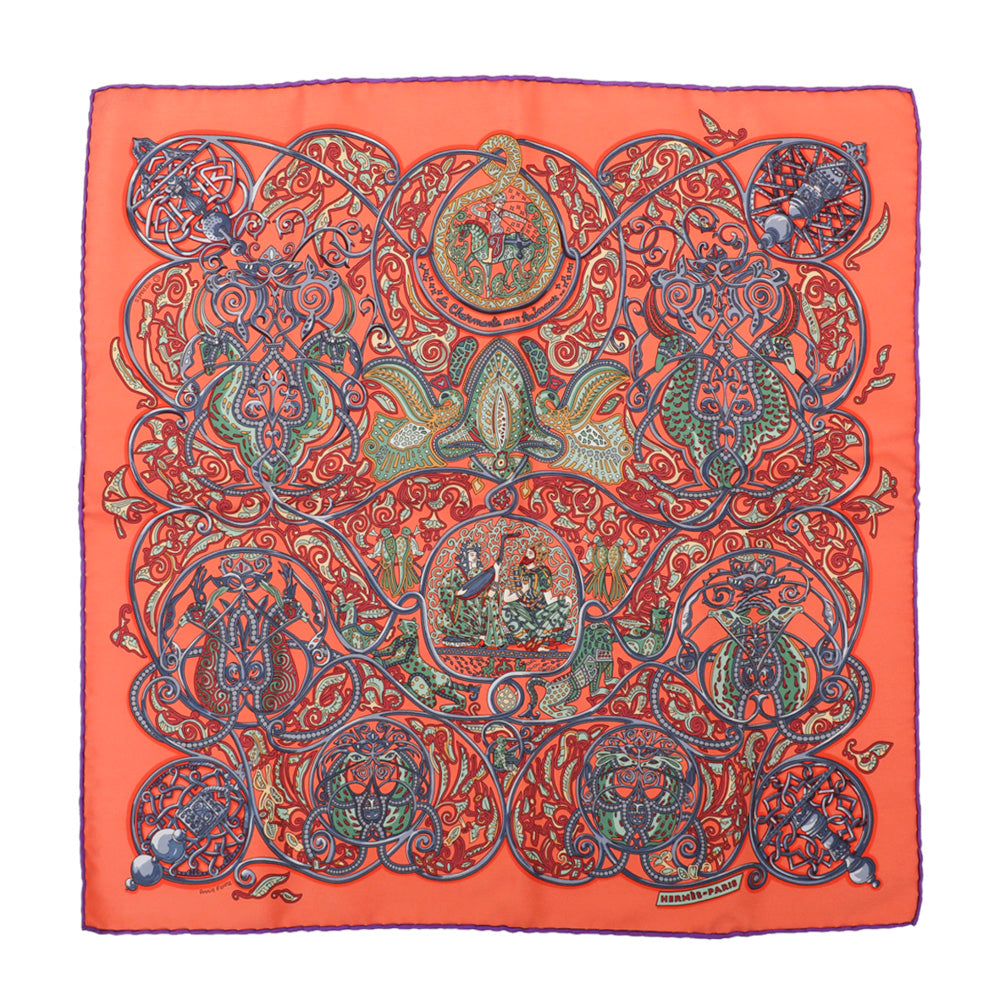 Hermes Orange Multicolor Annie Foivie Print Silk Square Scarf