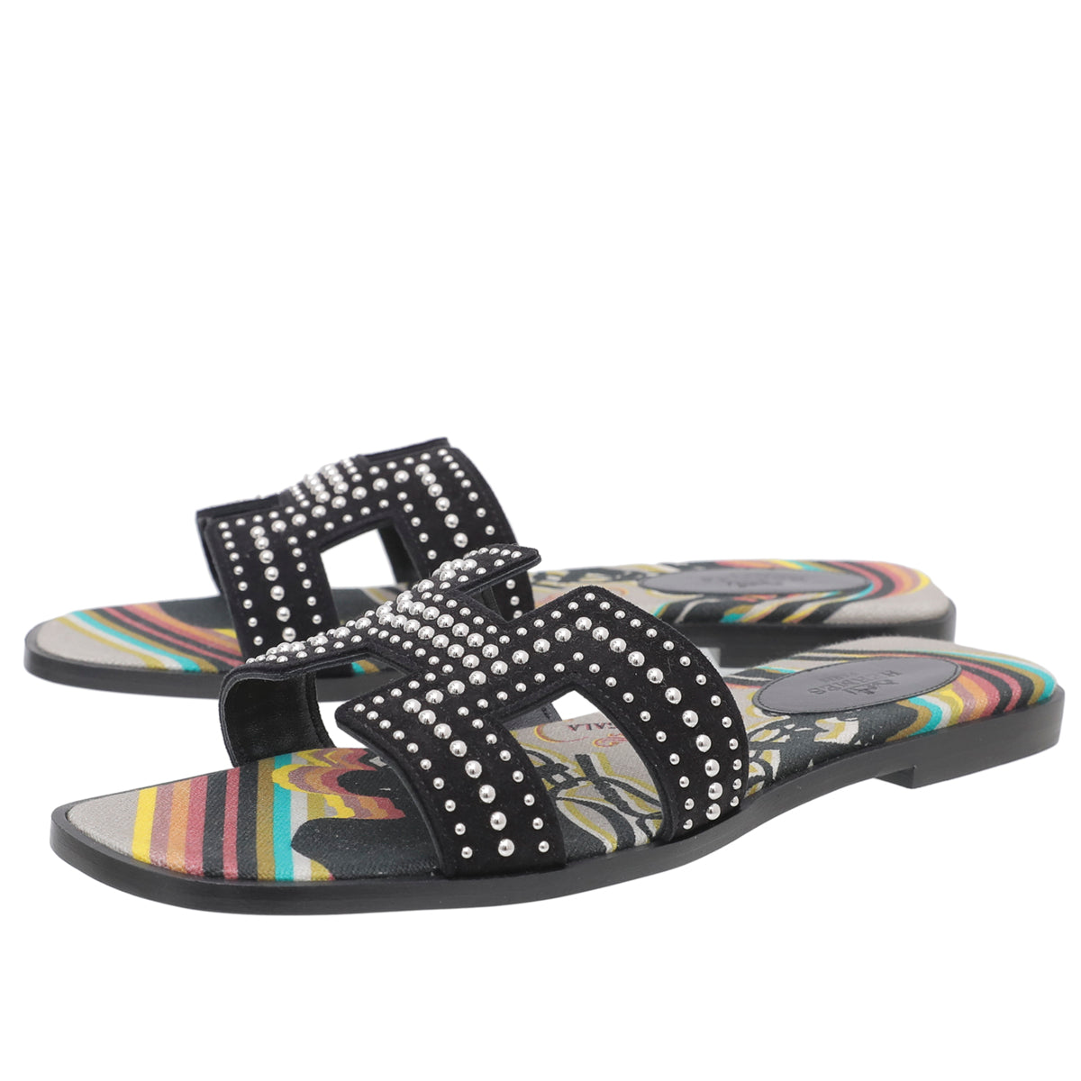 Hermes Noir Oran Suede Goatskin Studs Sandals 38.5-Hermes-THE CLOSET