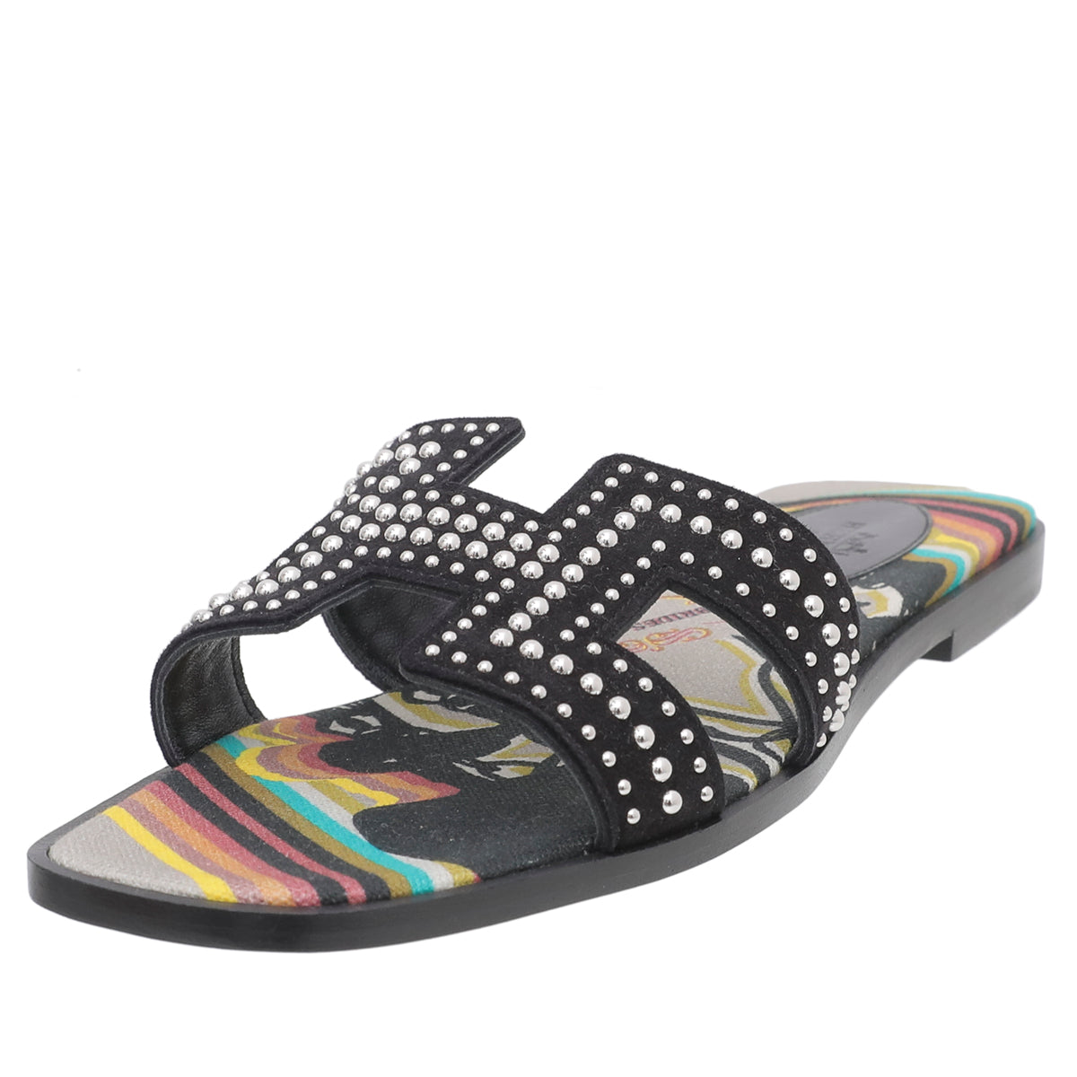Hermes Noir Oran Suede Goatskin Studs Sandals 38.5-Hermes-THE CLOSET