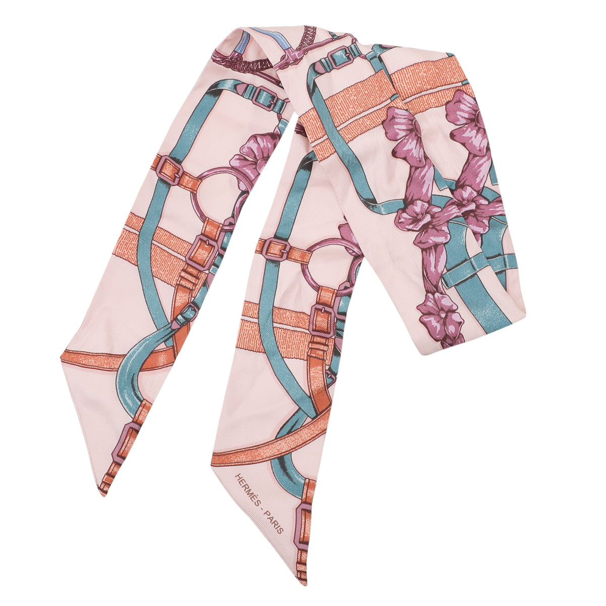 Hermes Light Peach Multicolor Braided Floral & Buckle Print Twilly Scarf-Hermes-THE CLOSET