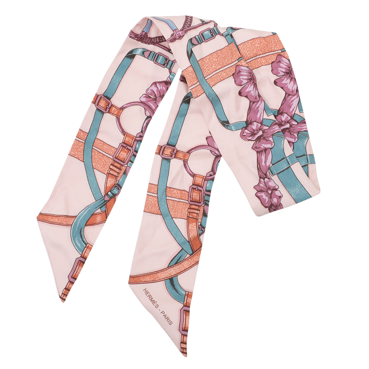 Hermes Light Peach Multicolor Braided Floral & Buckle Print Twilly Scarf