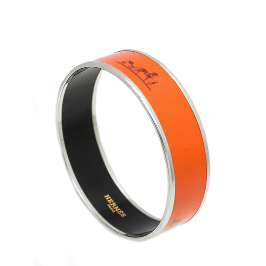 Hermes Orange Enamel Print Caleche Wide Bracelet