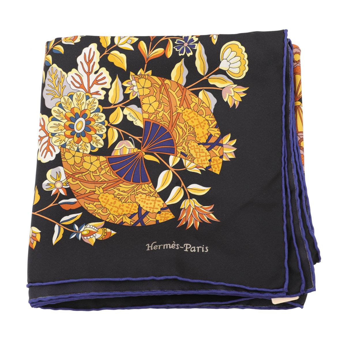 Hermes Noir Carre Twill Fleurs ET Papillons De Tis Scarf