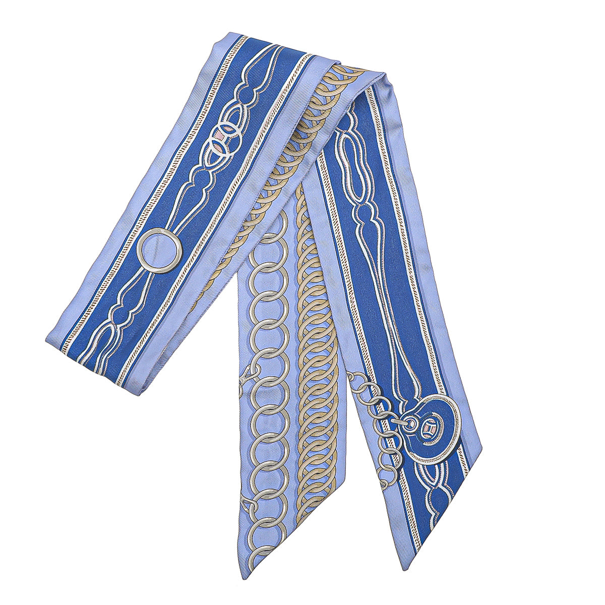 Hermes Blue Chain Print Twilly Scarf