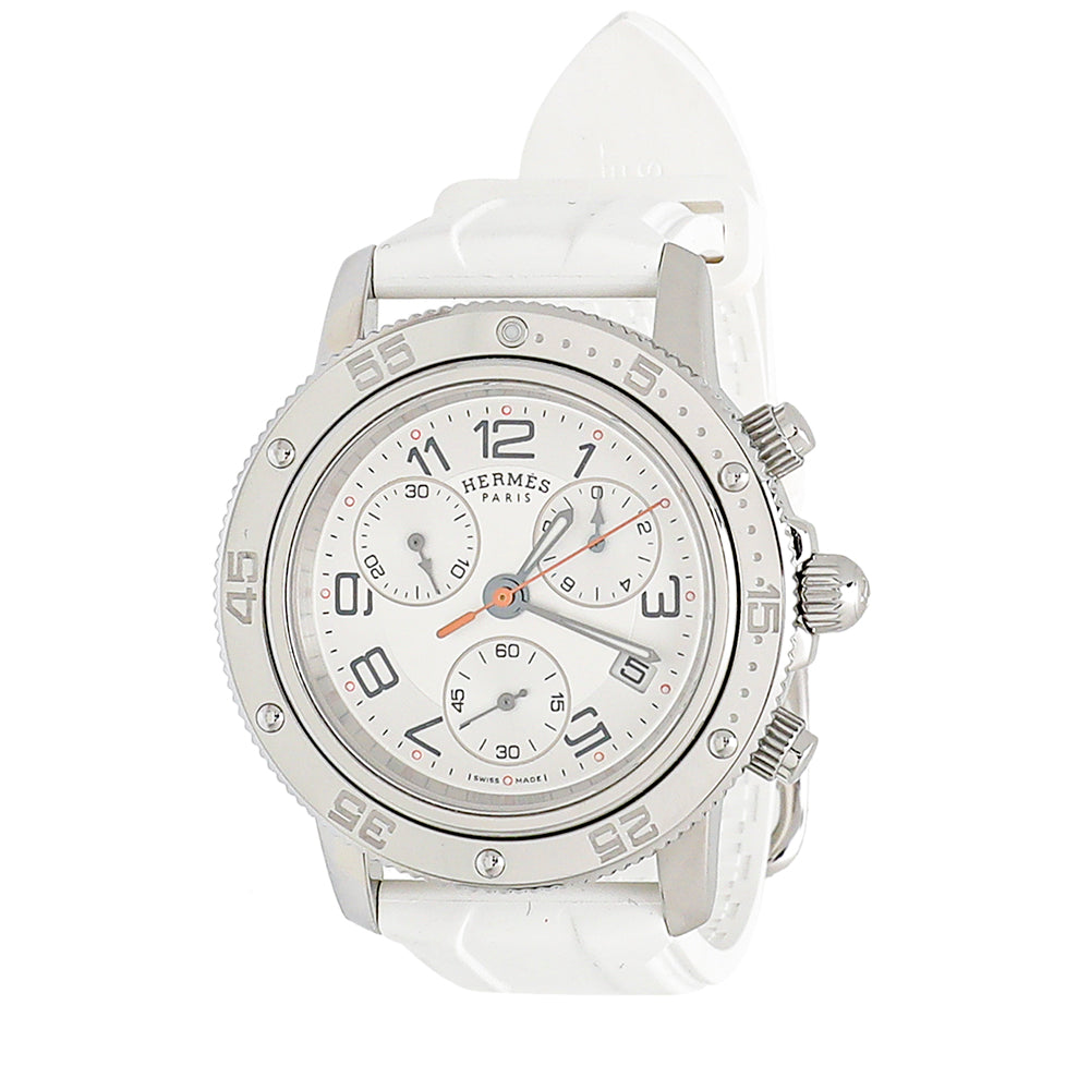Hermes White Stainless Steel Clipper Chronograph Watch-Hermes-THE CLOSET