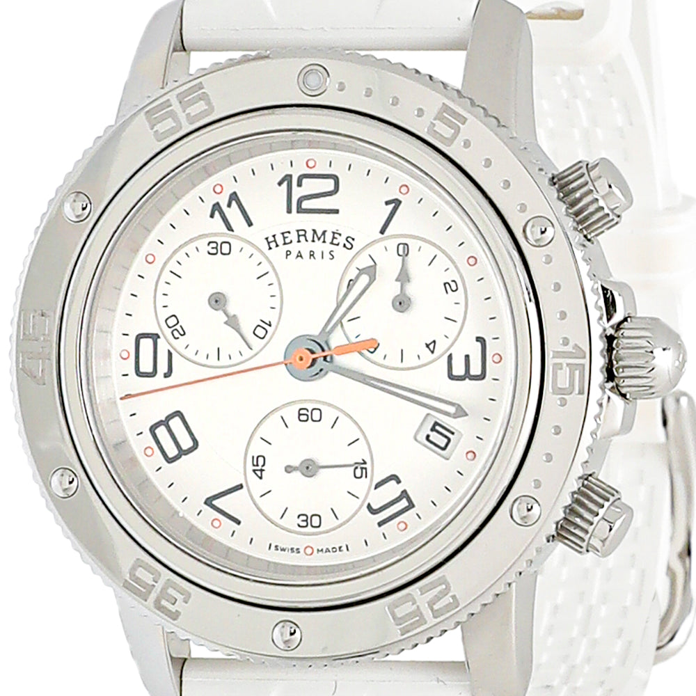 Hermes White Stainless Steel Clipper Chronograph Watch-Hermes-THE CLOSET