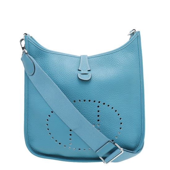 Authentic! Hermes Evelyne Blue Jean Clemence Leather PM Handbag