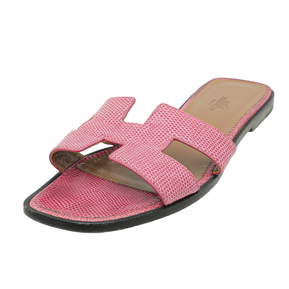 Hermes Pink Lizard Oran Sandals 39