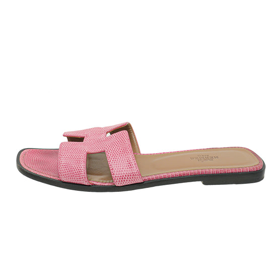Hermes Pink Lizard Oran Sandals 39