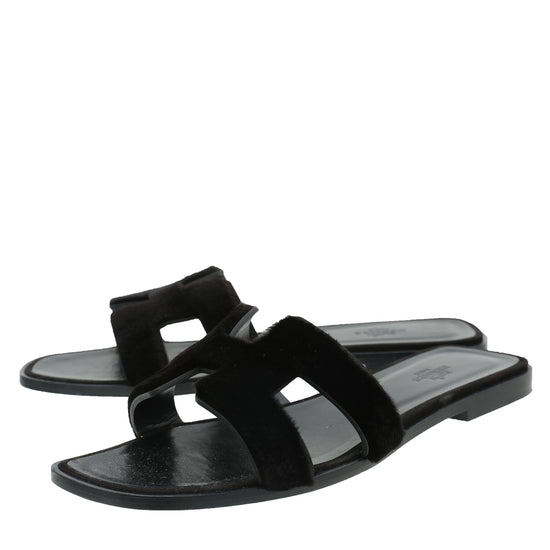 Hermes Noir Oran Vision Rase Flat Sandals 40