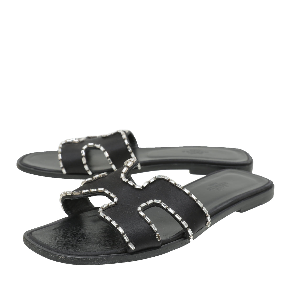 Hermes Black Satin and Strass Crystal Oran Sandals 39-Hermes-THE CLOSET