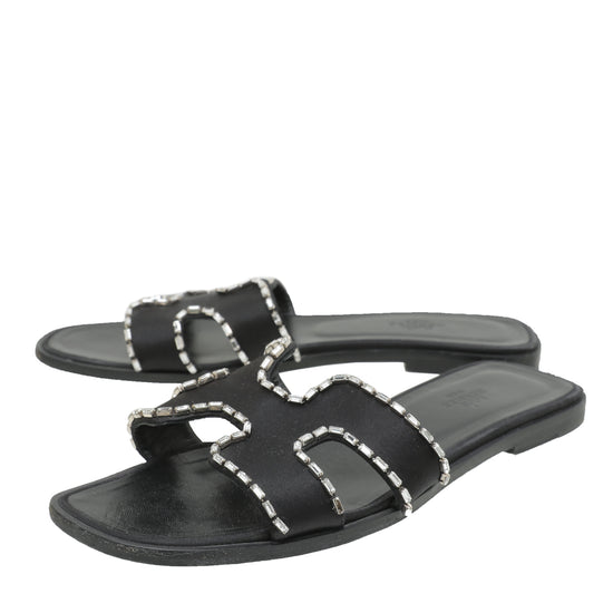 Hermes Black Satin and Strass Crystal Oran Sandals 39