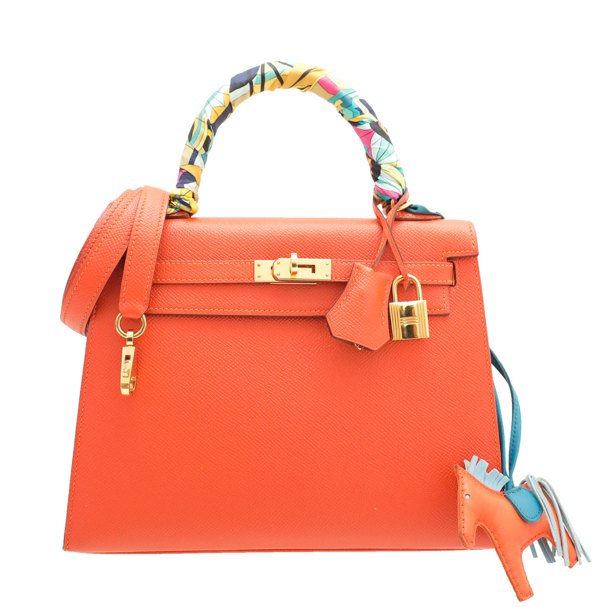 Hermes Orange Poppy Sellier Kelly 25 Bag W- Rodeo Charm & Twilly-Hermes-THE CLOSET