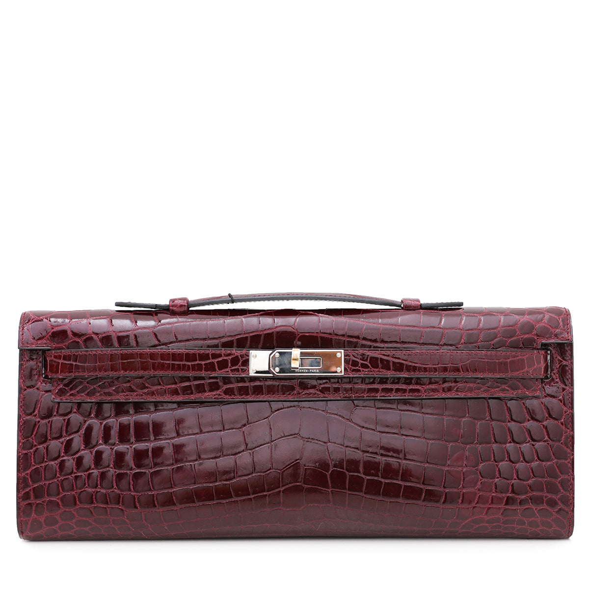 Hermes Bordeaux Shiny Niloticus Crocodile Kelly Cut Clutch-Hermes-THE CLOSET