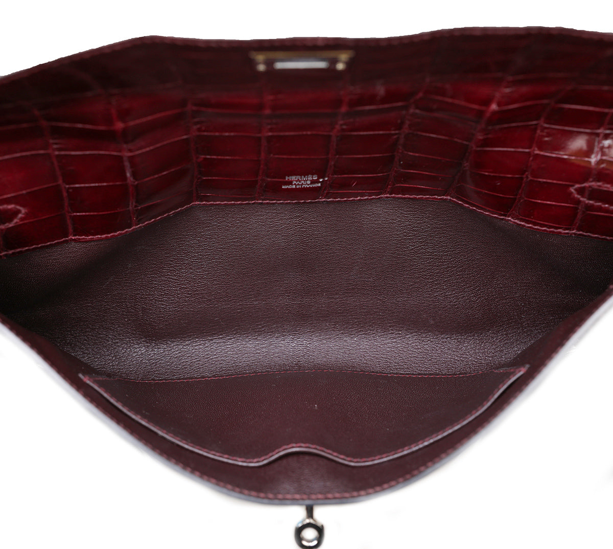 Hermes Bordeaux Shiny Niloticus Crocodile Kelly Cut Clutch-Hermes-THE CLOSET