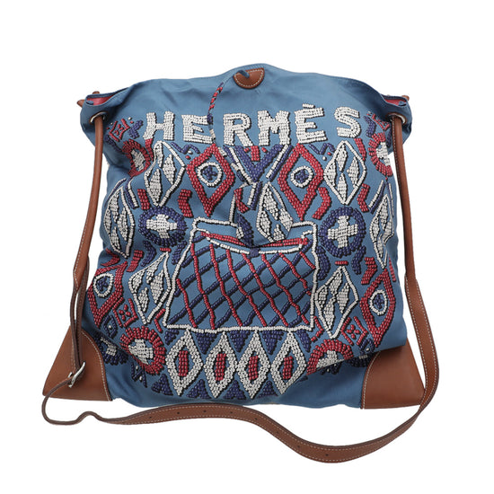 Hermes Blue Multicolor Silk City Kelly En Perles GM Bag