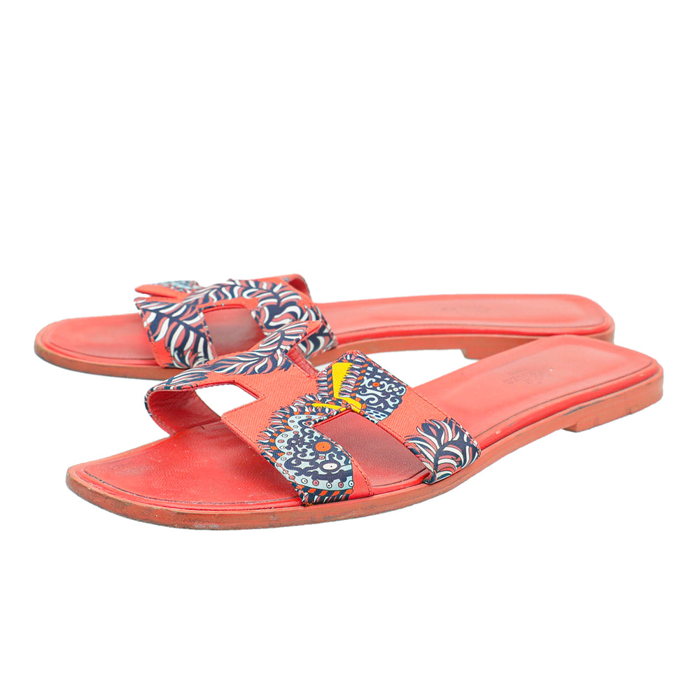 Hermes Orange Multicolor Sous L'egide De Mars Silk Oran Sandals 41-Hermes-THE CLOSET