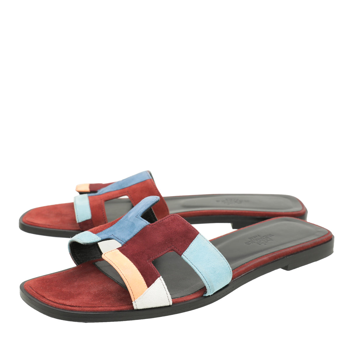 Hermes Multicolor Velvet Goatskin Patchwork Oran Sandals 38.5-Hermes-THE CLOSET