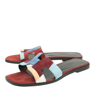 Hermes Multicolor Velvet Goatskin Patchwork Oran Sandals 38.5