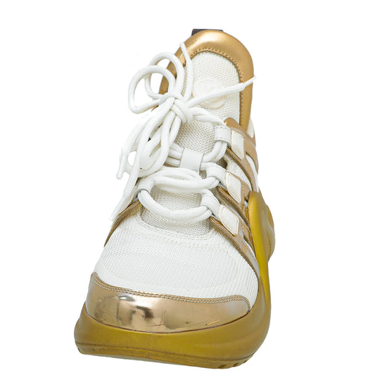 AUTHENTIC Louis Vuitton Metallic Calfskin LV Archlight Sneakers Gold White  US 5