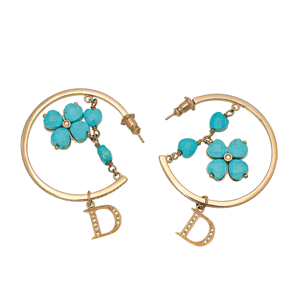 Louis Vuitton Turquoise D Flower Rhinestones Hoop Earrings
