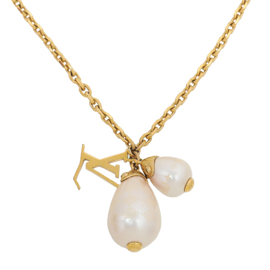Louis Vuitton Gold Tone Damier Pearl Chain Necklace