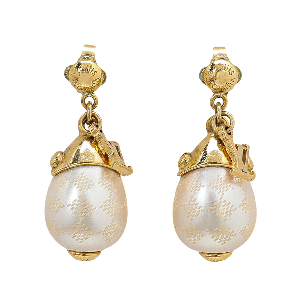 Louis Vuitton Gold Damier Pearl Drop Earrings