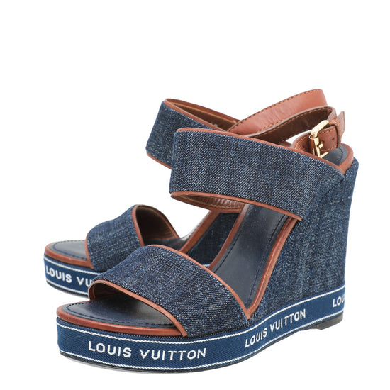 Louis Vuitton Blue Monogram Denim Platform Wedge Sandals