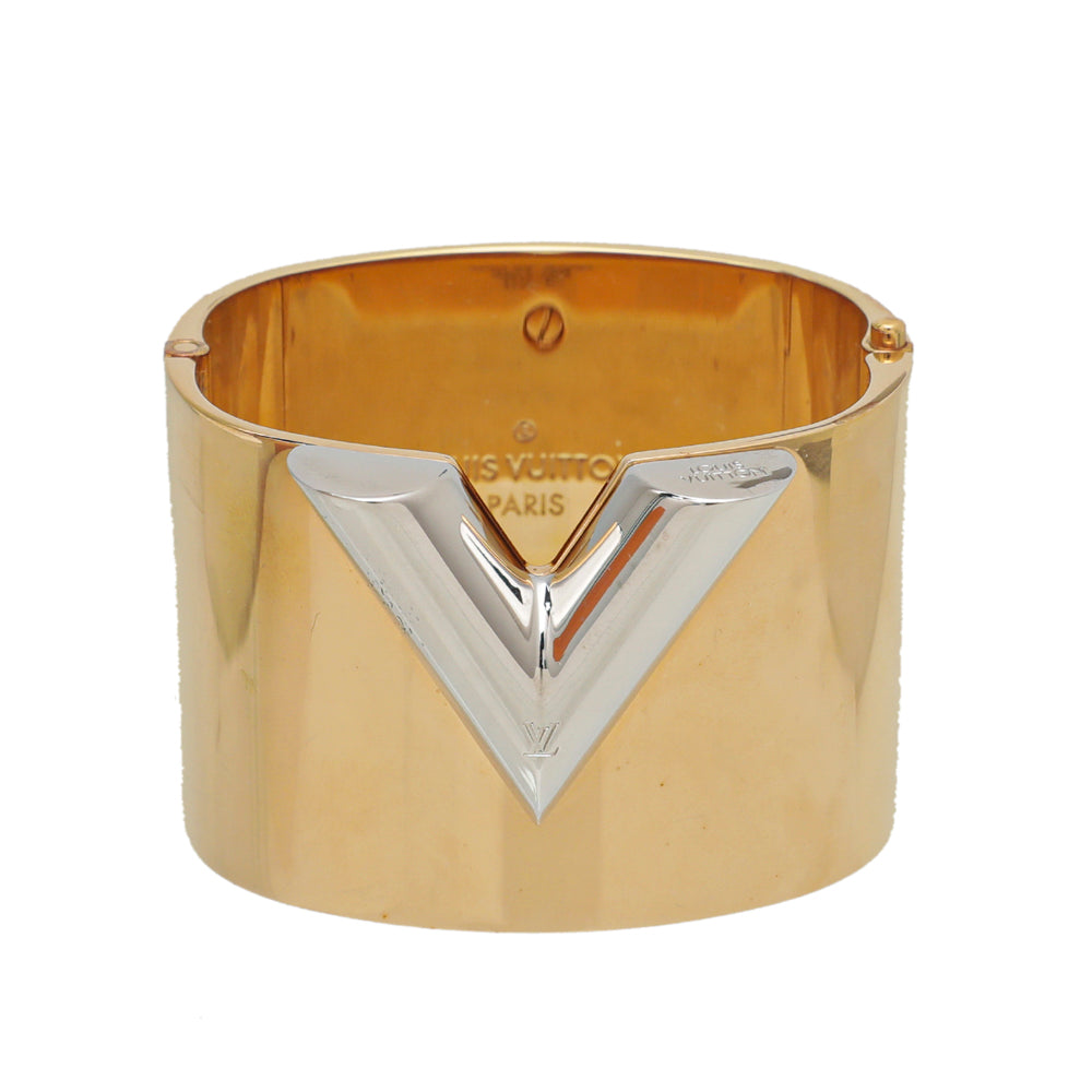 LOUIS VUITTON 'Essential V' Cuff Bracelet in Golden Finish Brass at 1stDibs   louis vuitton essential v cuff, louis vuitton essential v bracelet, louis  vuitton v cuff bracelet