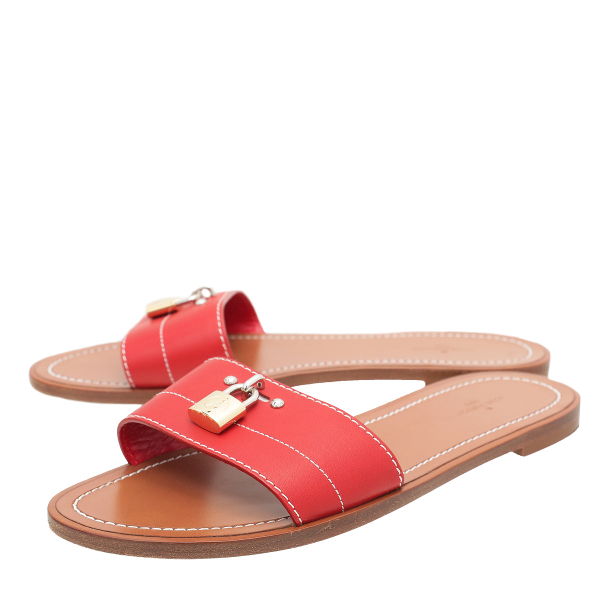 Louis Vuitton Red Lock It Flat Mules 38.5-Louis Vuitton-THE CLOSET