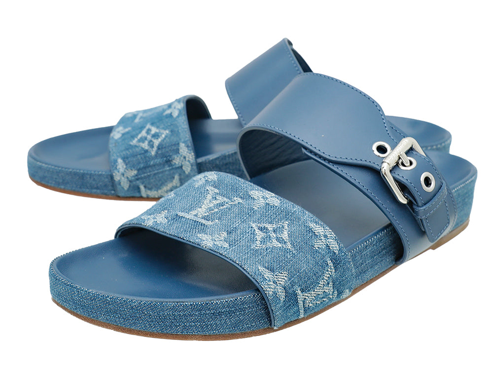 Louis Vuitton Blue Monogram Denim Bom Dia Flat Mule 38.5-Louis Vuitton-THE CLOSET