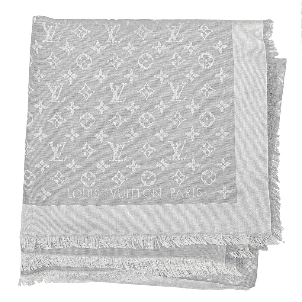 Louis Vuitton Pearl Grey Monogram Denim Silk Wool Shawl-Louis Vuitton-THE CLOSET