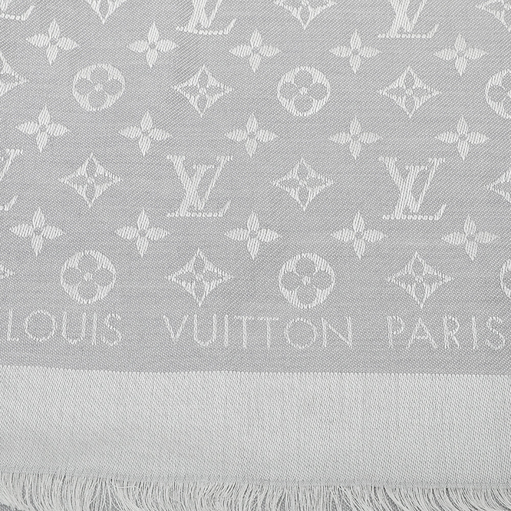 Louis Vuitton Pearl Grey Monogram Denim Silk Wool Shawl-Louis Vuitton-THE CLOSET