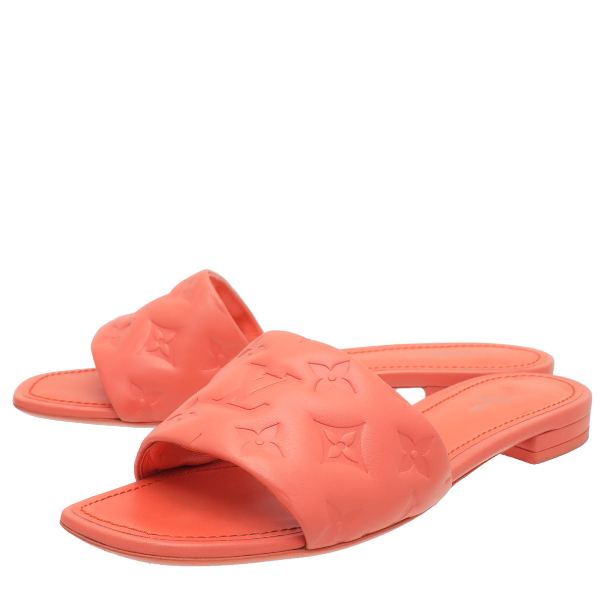 Louis Vuitton Coral Orange Monogram Embossed Revival Flat Mules 38.5-Louis Vuitton-THE CLOSET