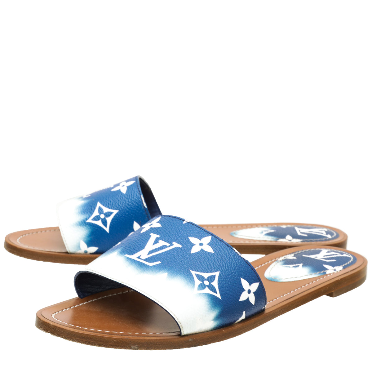 Louis Vuitton Blue Monogram Escale Lock It Slide Mules 39-Louis Vuitton-THE CLOSET