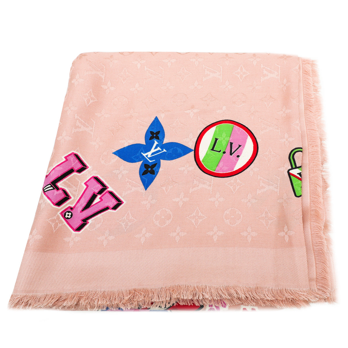 Louis Vuitton Pink Monogram Stories Silk Wool Shawl-Louis Vuitton-THE CLOSET